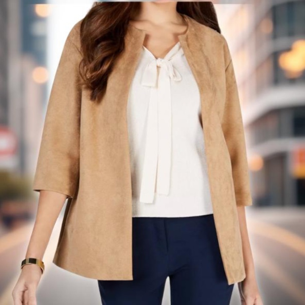 Anne Klein Jacket Faux Suede Collarless Open Front Size 14 NWT